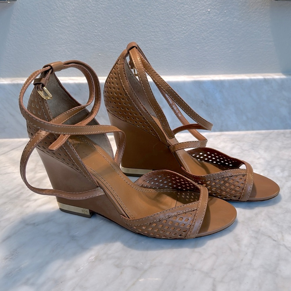 Tory Burch Tan Perforated Leather Wedge Sandals